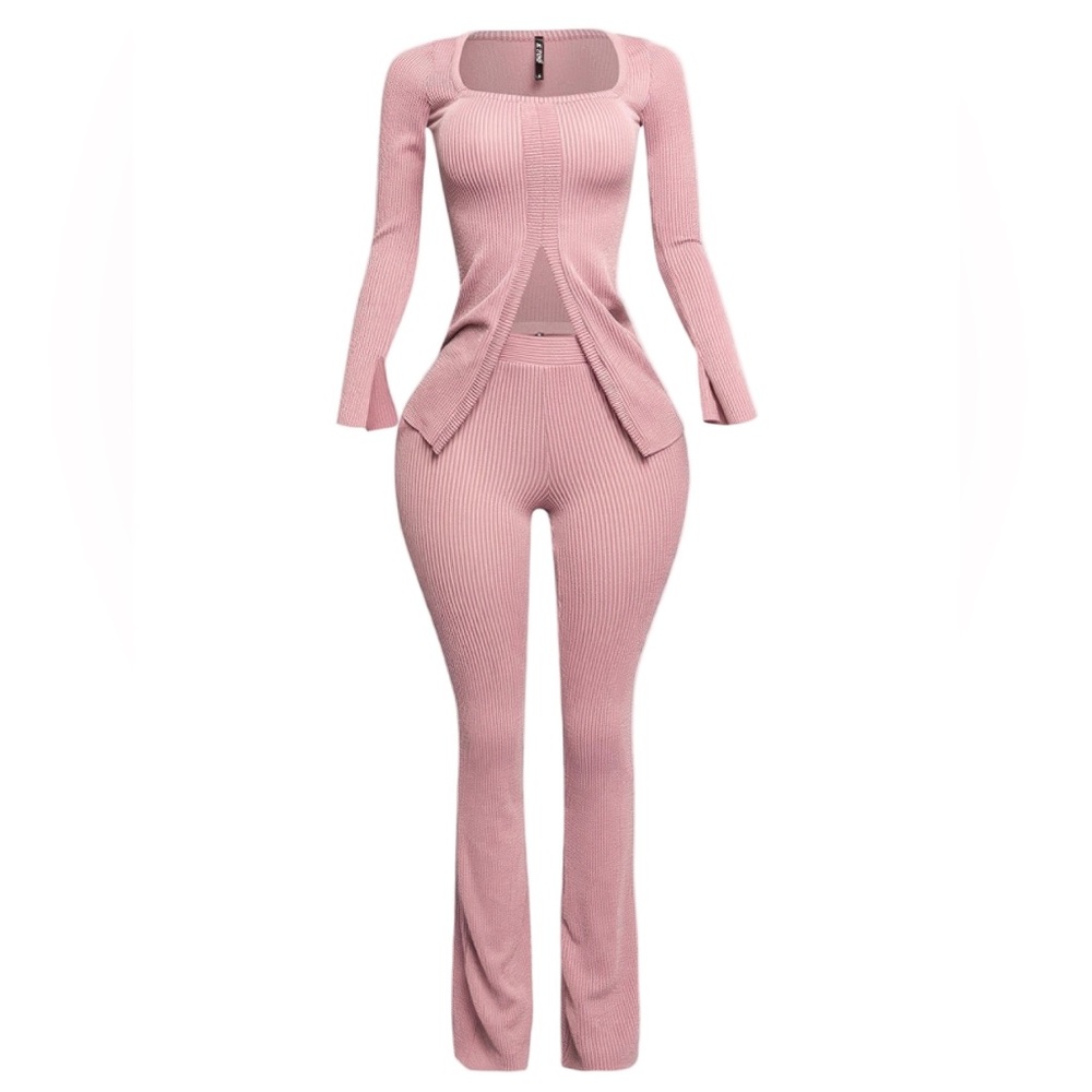 Ribbed Pant Set With Slit Detail